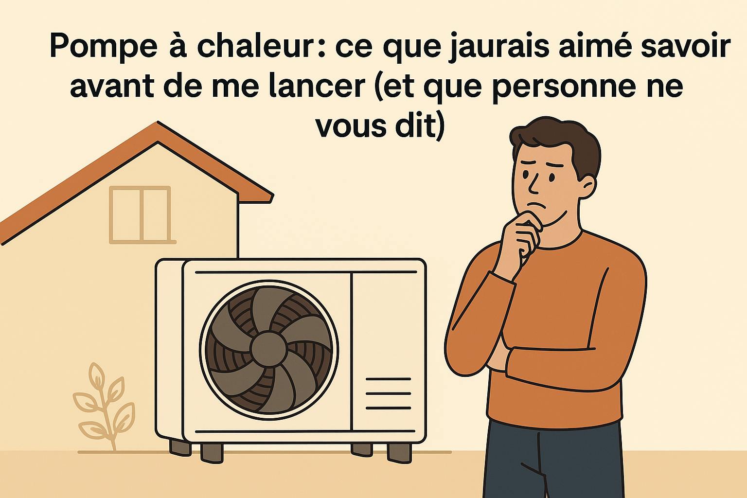 Homme pensif devant une pompe à chaleur installée devant sa maison