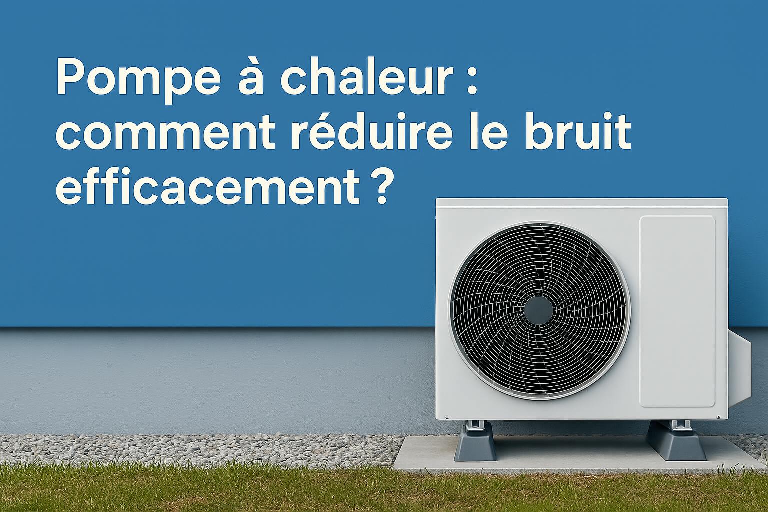 Unité extérieure de pompe à chaleur posée sur une dalle en béton, devant un mur bleu, avec le titre « Pompe à chaleur : comment réduire le bruit efficacement ? »