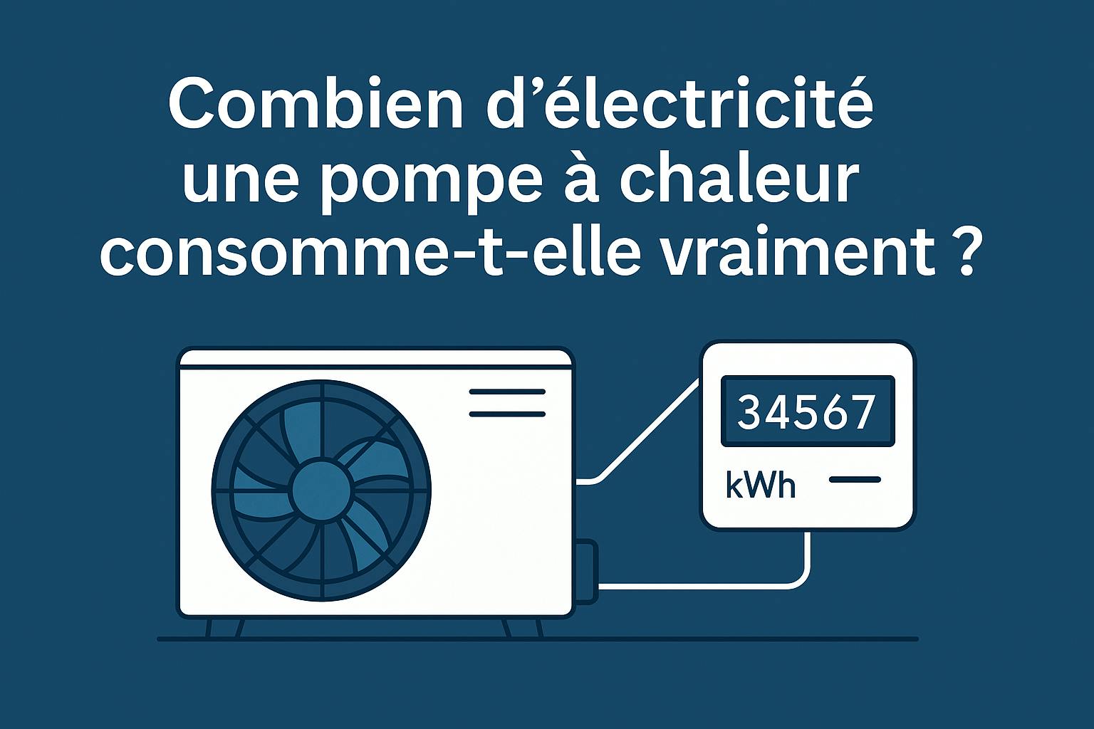 Illustration d'une pompe à chaleur reliée à un compteur électrique, avec le texte "Combien d’électricité une pompe à chaleur consomme-t-elle vraiment ?"