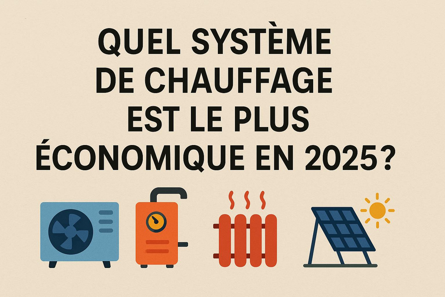 Illustration montrant différents systèmes de chauffage – pompe à chaleur, chaudière, radiateur et panneaux solaires – avec le titre « Quel système de chauffage est le plus économique en 2025 ? »