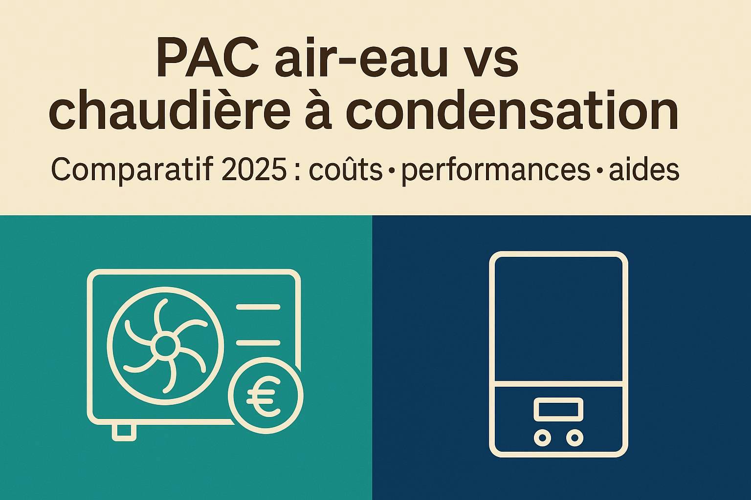 Visuel de couverture titre « PAC air-eau vs chaudière à condensation » et le sous-titre « Comparatif 2025 : coûts • performances • aides » avec icônes d’une PAC (symbole €) et d’une chaudière