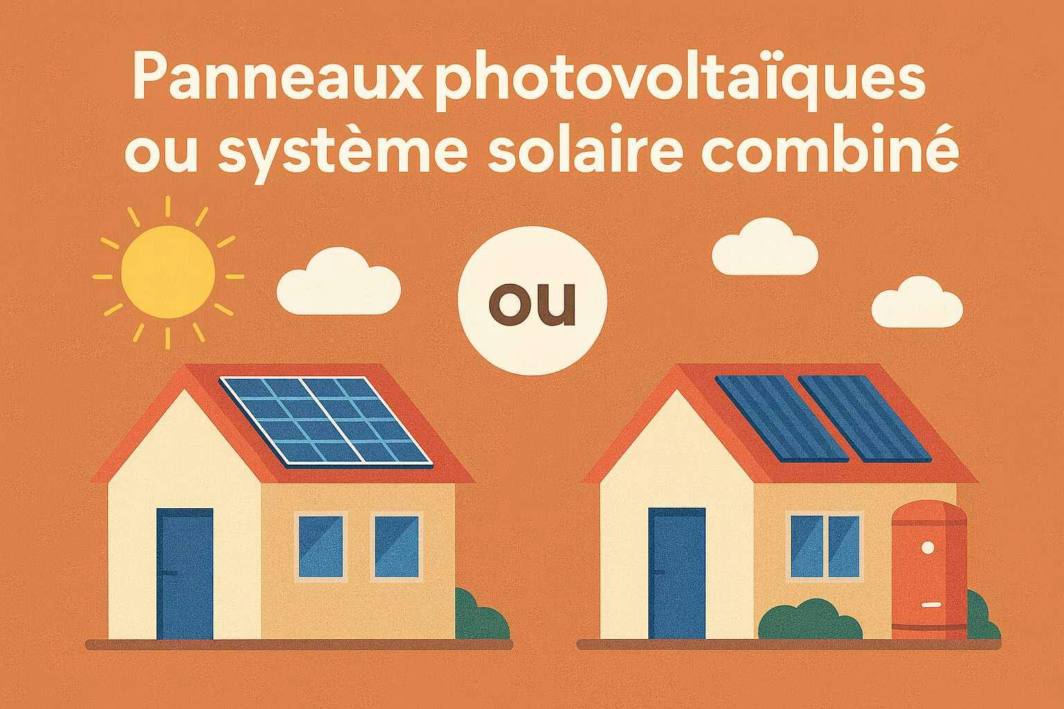 Illustration comparant deux maisons : l’une équipée de panneaux solaires photovoltaïques, l’autre d’un système solaire combiné, sous le titre « Panneaux photovoltaïques ou système solaire combiné »