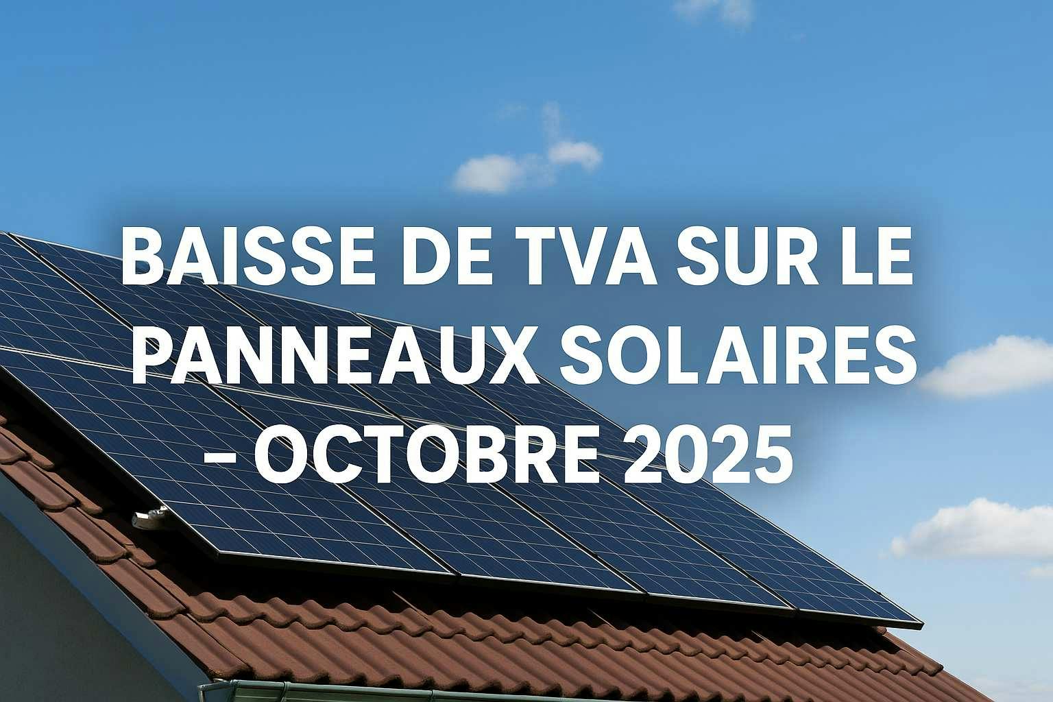 Panneaux solaires installés sur le toit d'une maison sous un ciel bleu avec texte annonçant la baisse de TVA à 5,5 % en octobre 2025