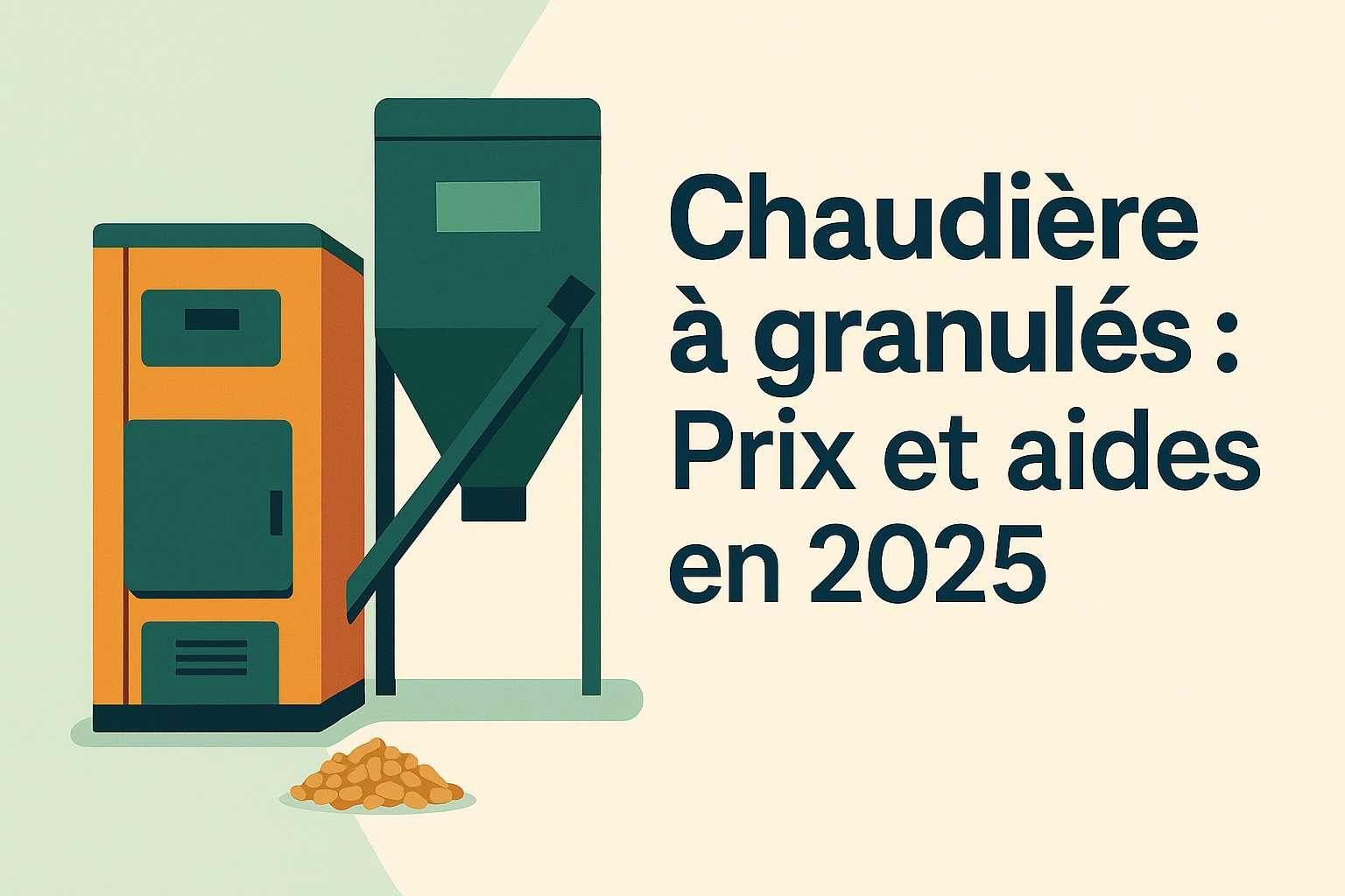 Illustration d’une chaudière à granulés avec silo et granulés de bois, accompagnée du texte Chaudière à granulés : Prix et aides en 2025.
