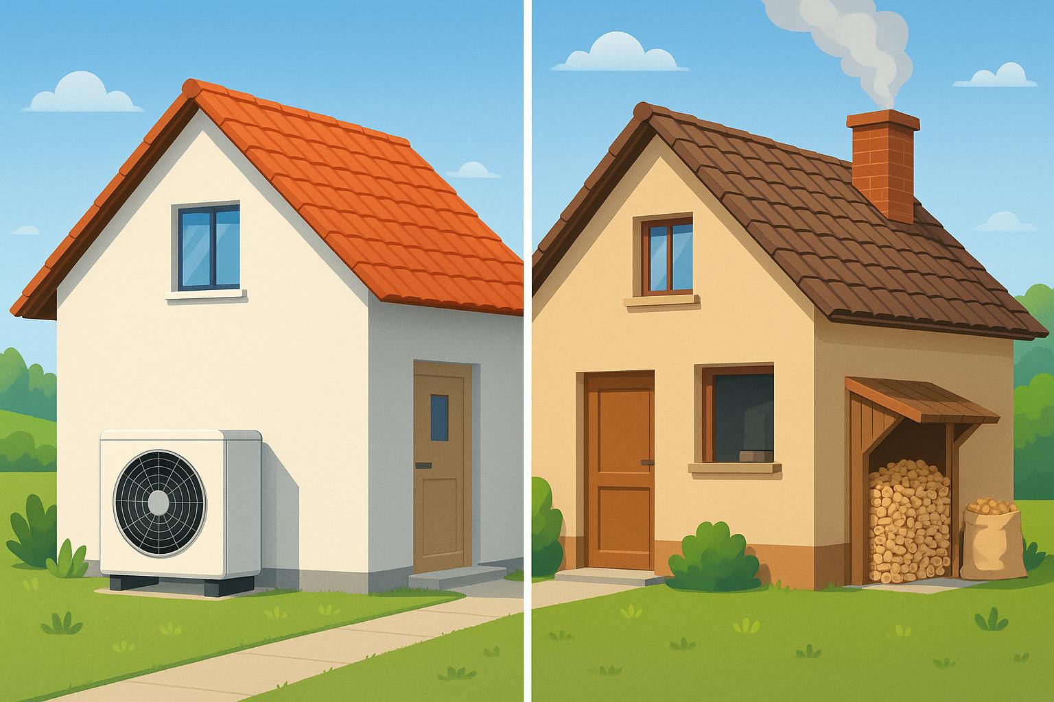 Comparatif entre une maison équipée d’une pompe à chaleur air-eau et une maison avec une chaudière à granulés, illustration Carrefour Énergies