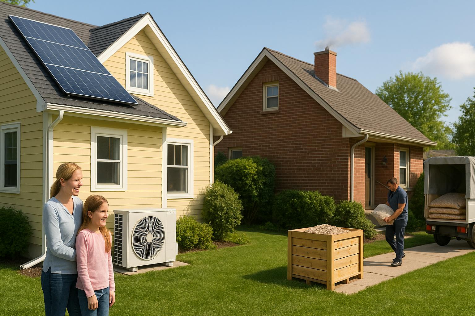 Illustration d’une maison équipée d’une pompe à chaleur air-eau et d’une autre avec une chaudière à granulés, symbolisant le chauffage zéro carbone à l’horizon 2030