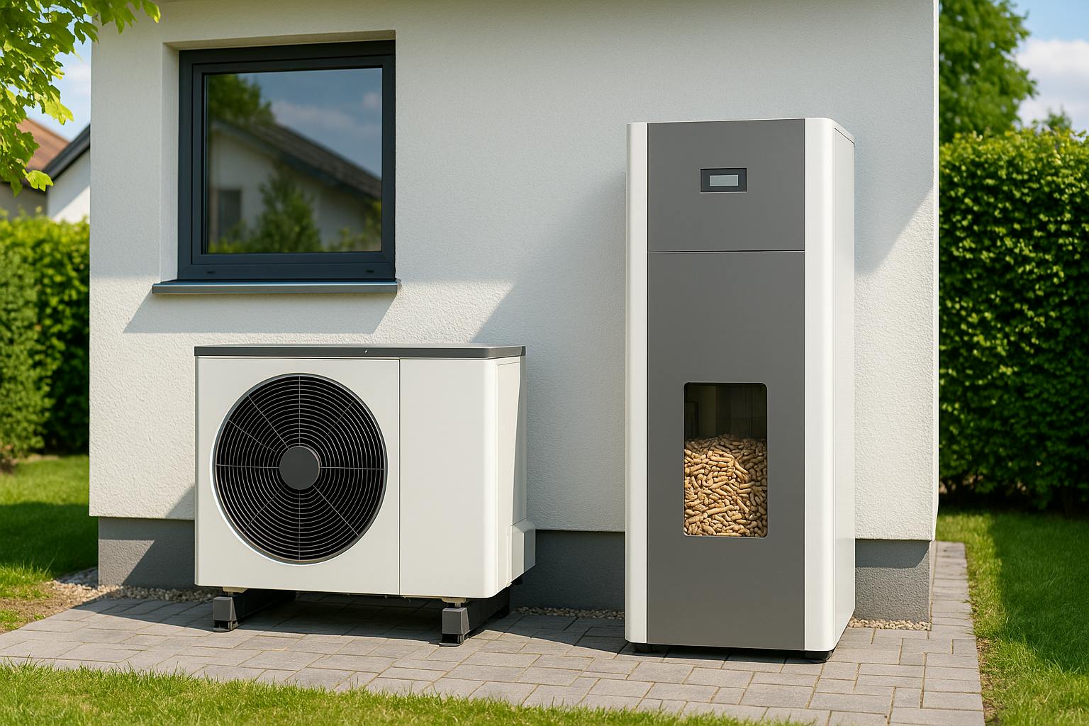 Pompe à chaleur hybride et chaudière à granulés installées à l’extérieur d’une maison moderne avec jardin

