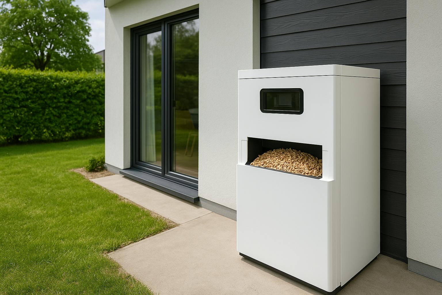 Chaudière à granulés moderne installée dans une maison familiale, avec bac à pellets et entretien régulier

