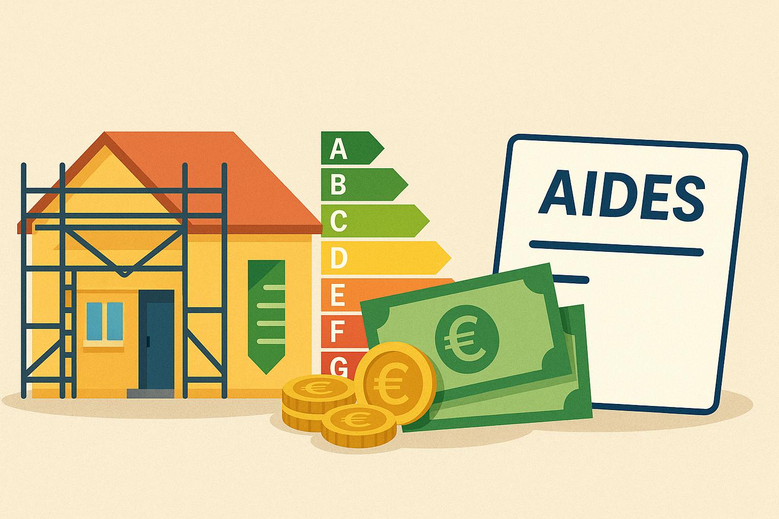 Illustration d’une maison en rénovation avec étiquette énergie et aides financières MaPrimeRénov’ 2025
