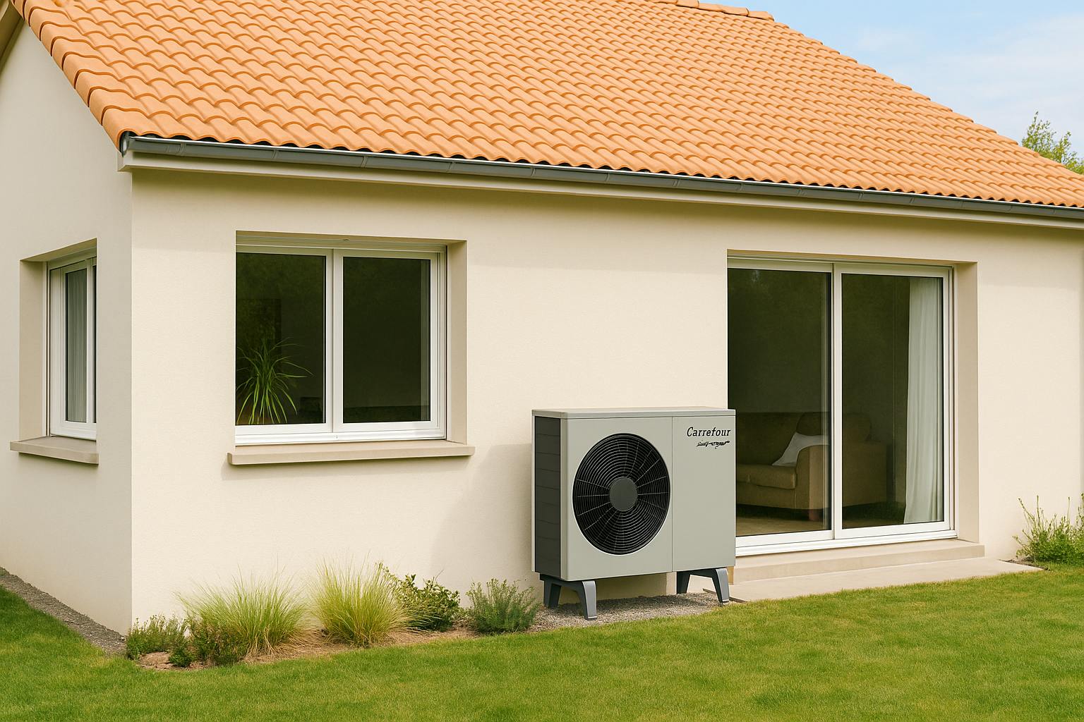 Maison moderne avec pompe à chaleur air-eau Carrefour Énergies installée en façade, solution de chauffage accessible dès 990 € aides déduites