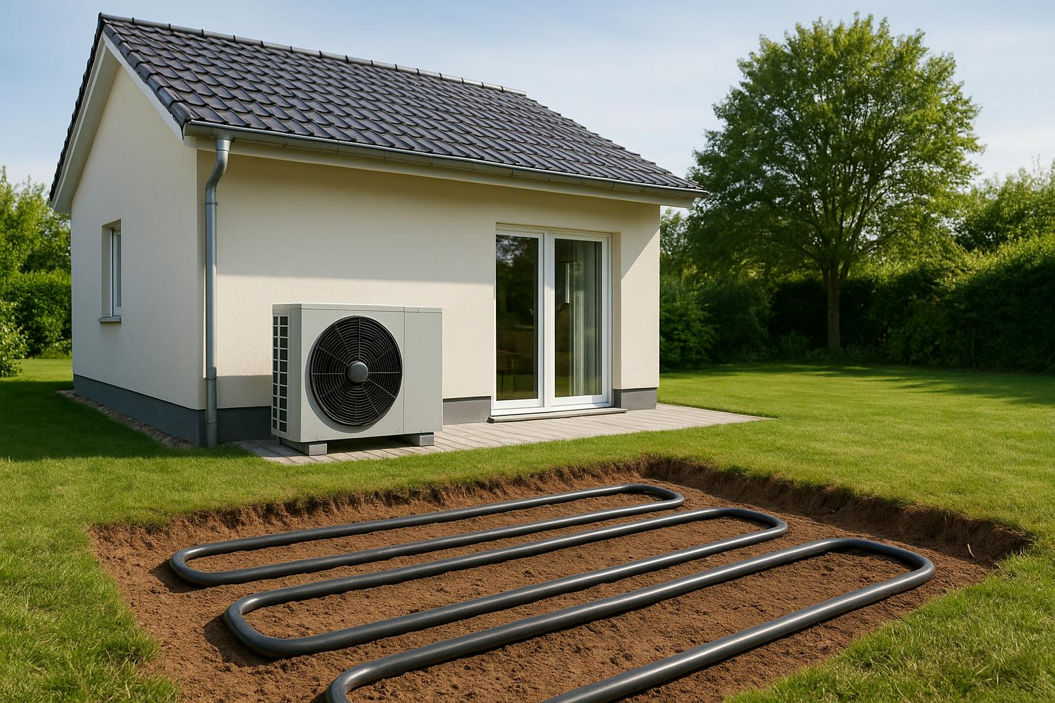 Maison équipée d’une pompe à chaleur air-eau avec capteurs géothermiques