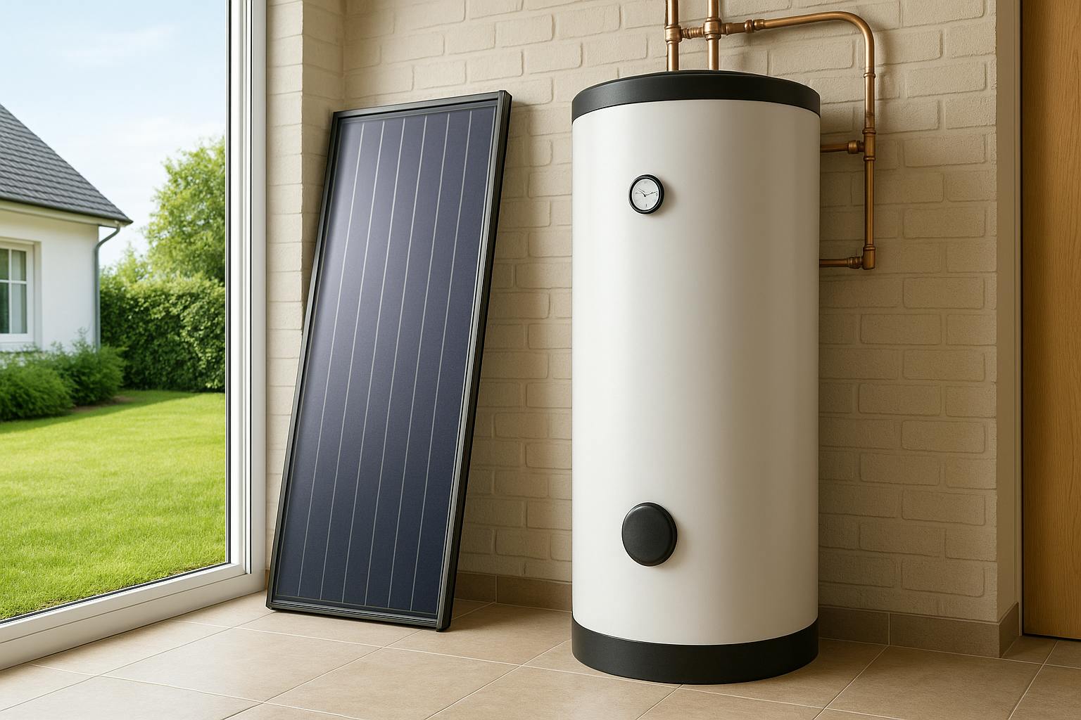 Ballon solaire installé dans une buanderie moderne, connecté à des capteurs thermiques