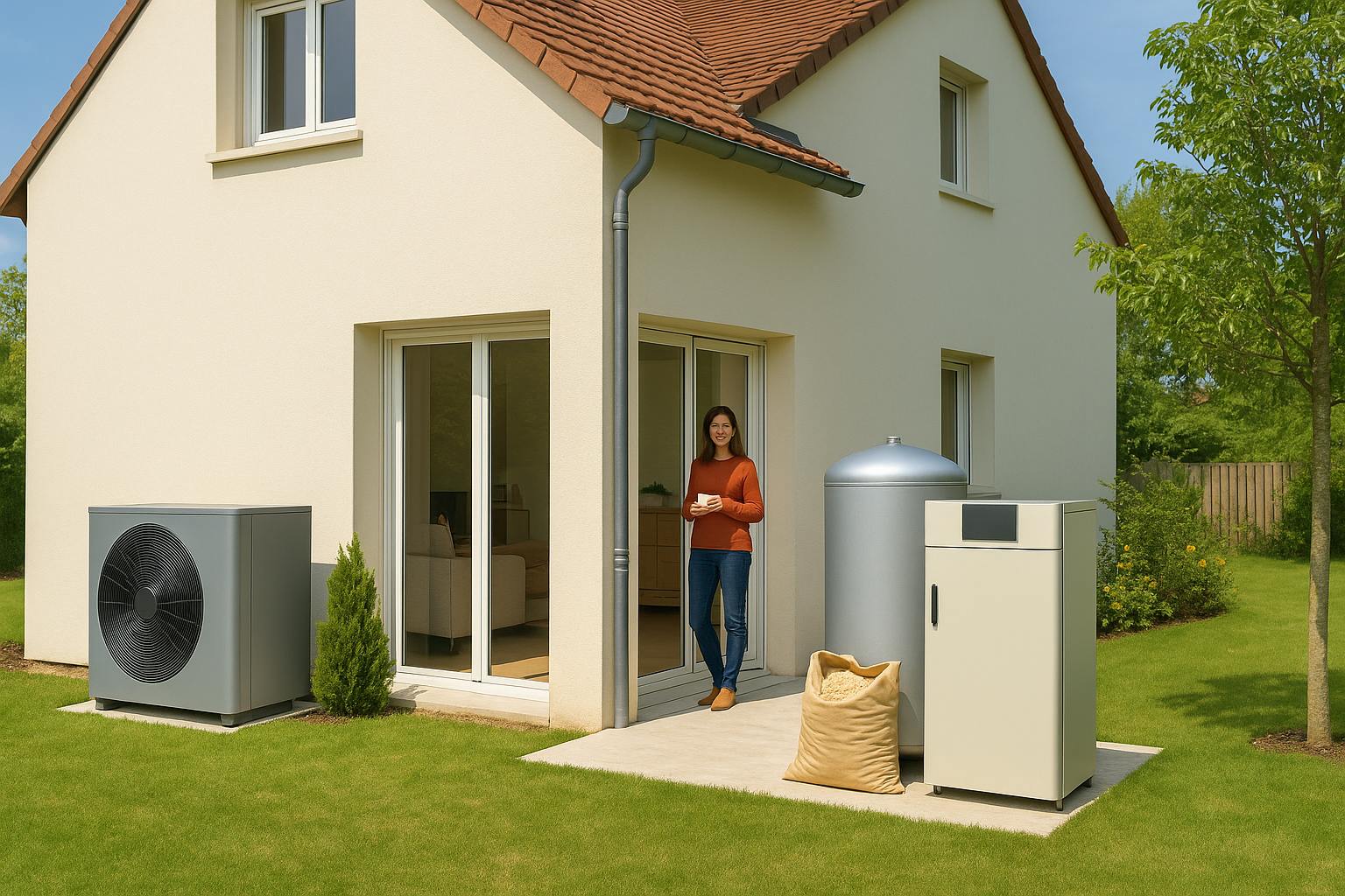 Maison équipée d’une pompe à chaleur air-eau et d’une chaudière à granulés avec silo, solution de chauffage hybride