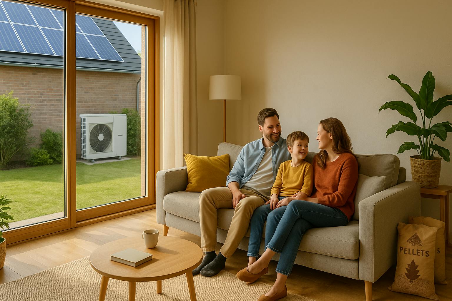 Famille dans un salon lumineux équipé d’une pompe à chaleur air-eau et d’une chaudière à granulés moderne, air intérieur sain