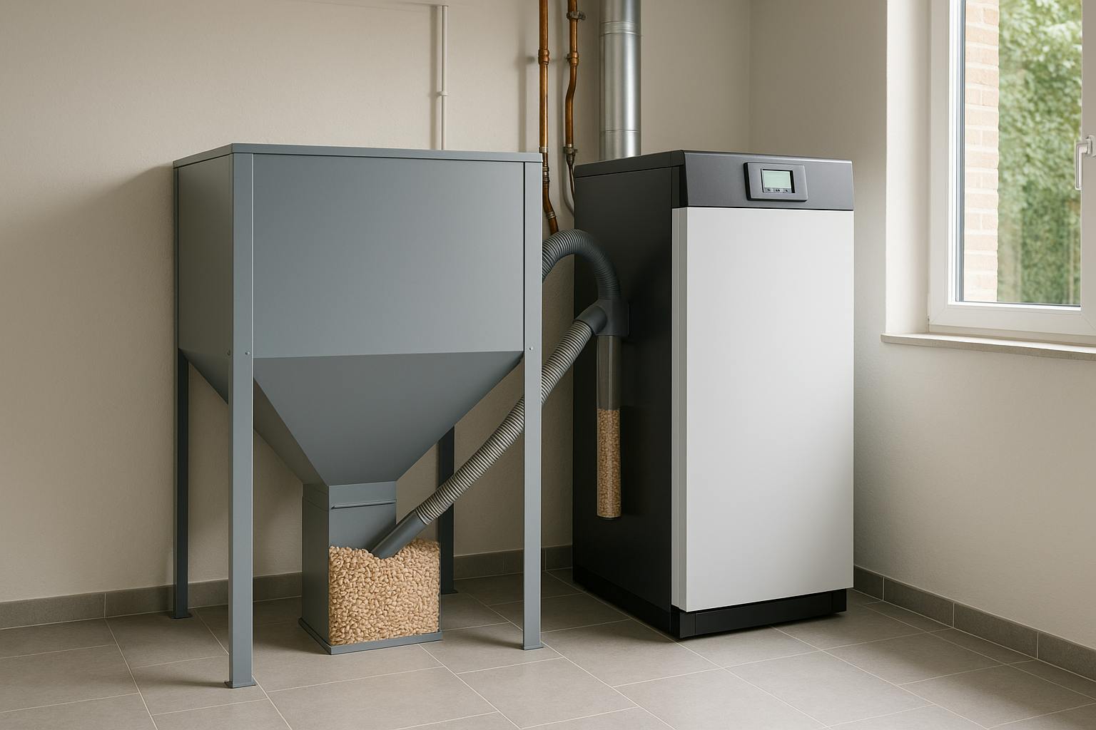 Alt image : Chaudière à granulés moderne avec silo de stockage en maison contemporaine – prix et devis 2025

