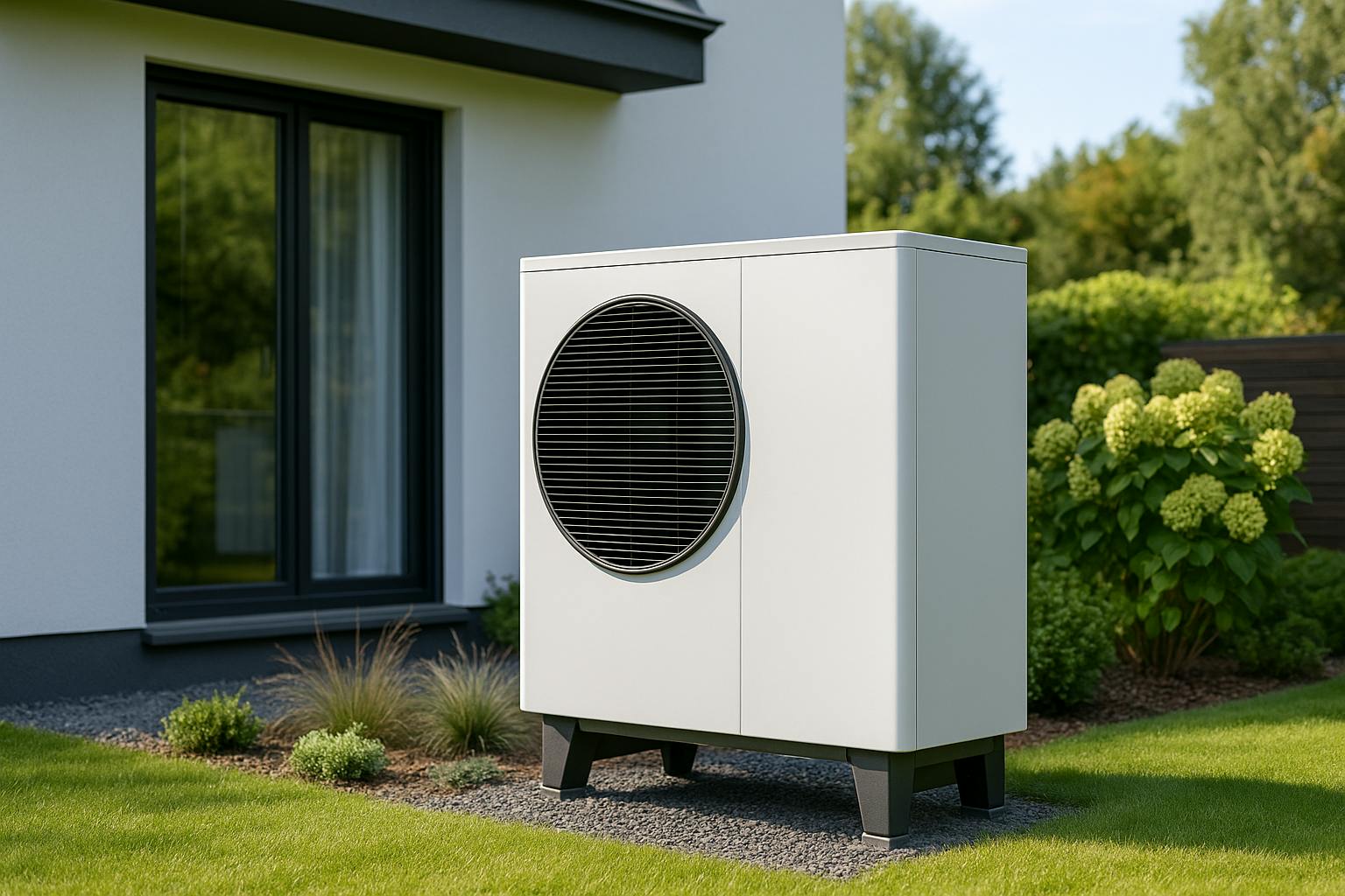 Pompe à chaleur air-eau installée dans le jardin d’une maison moderne

