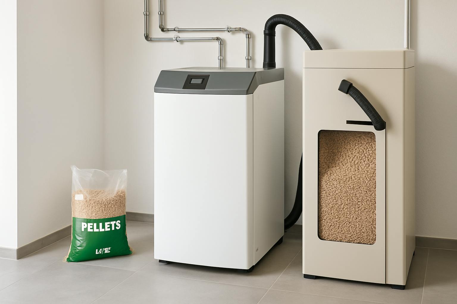 Chaudière à granulés installée dans une maison avec silo de stockage