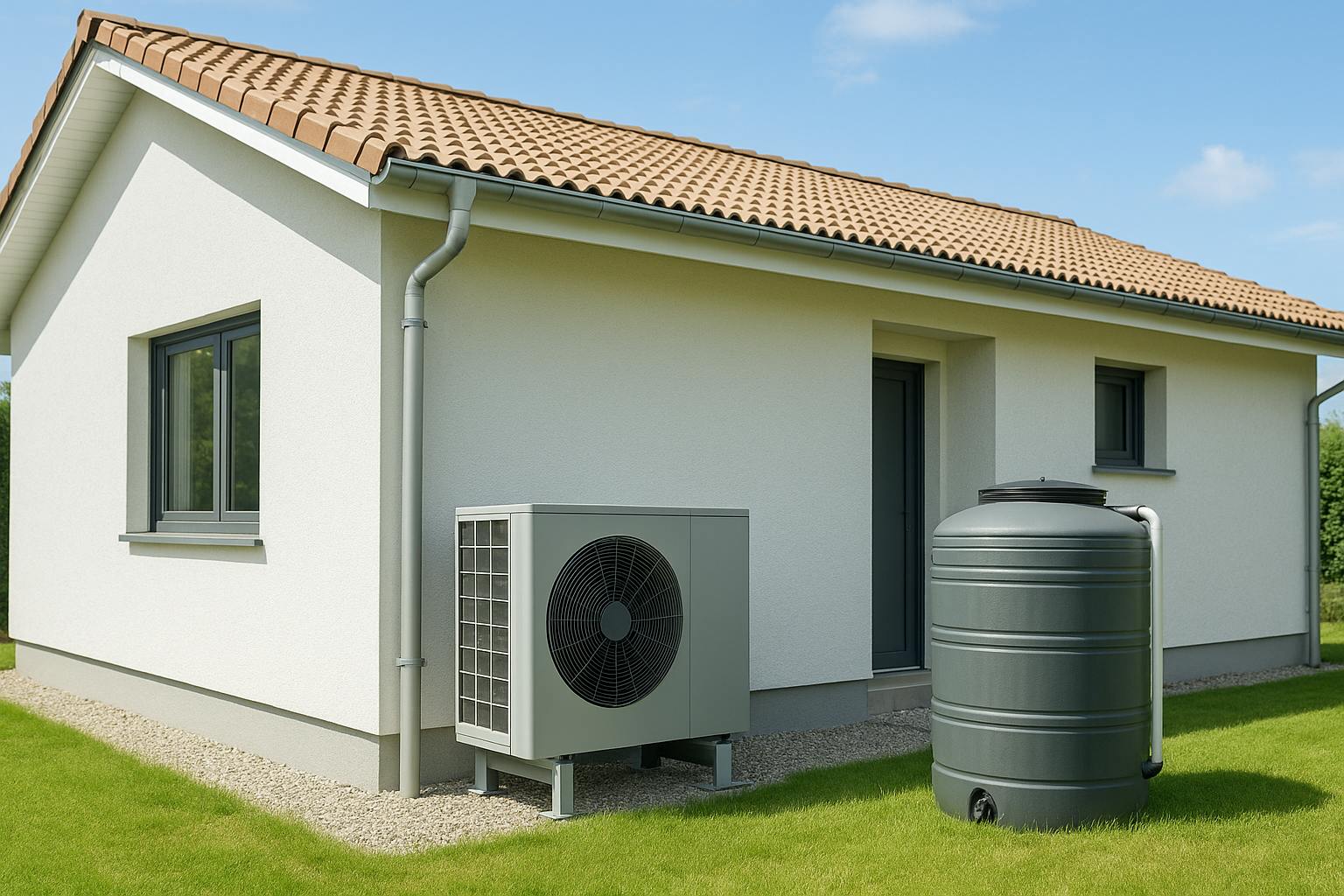Pompe à chaleur air-eau installée dans le jardin d’une maison avec cuve de récupération d’eau de pluie