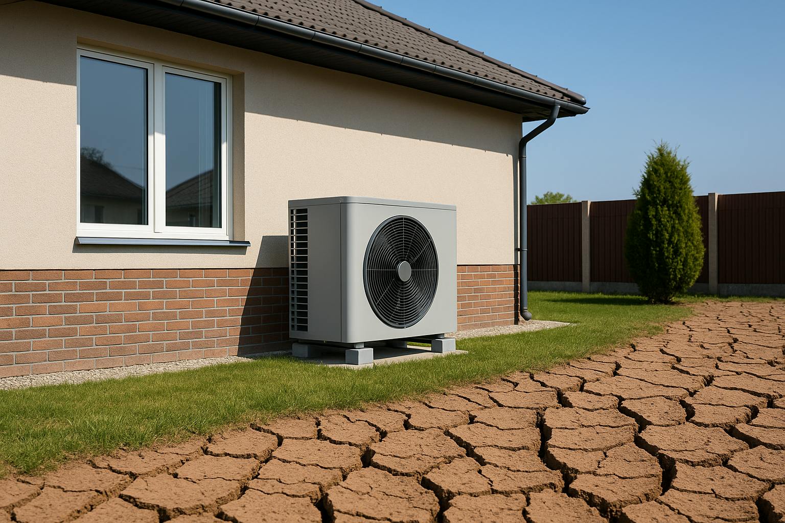 Pompe à chaleur air-eau extérieure avec sol argileux craquelé autour d’une maison

