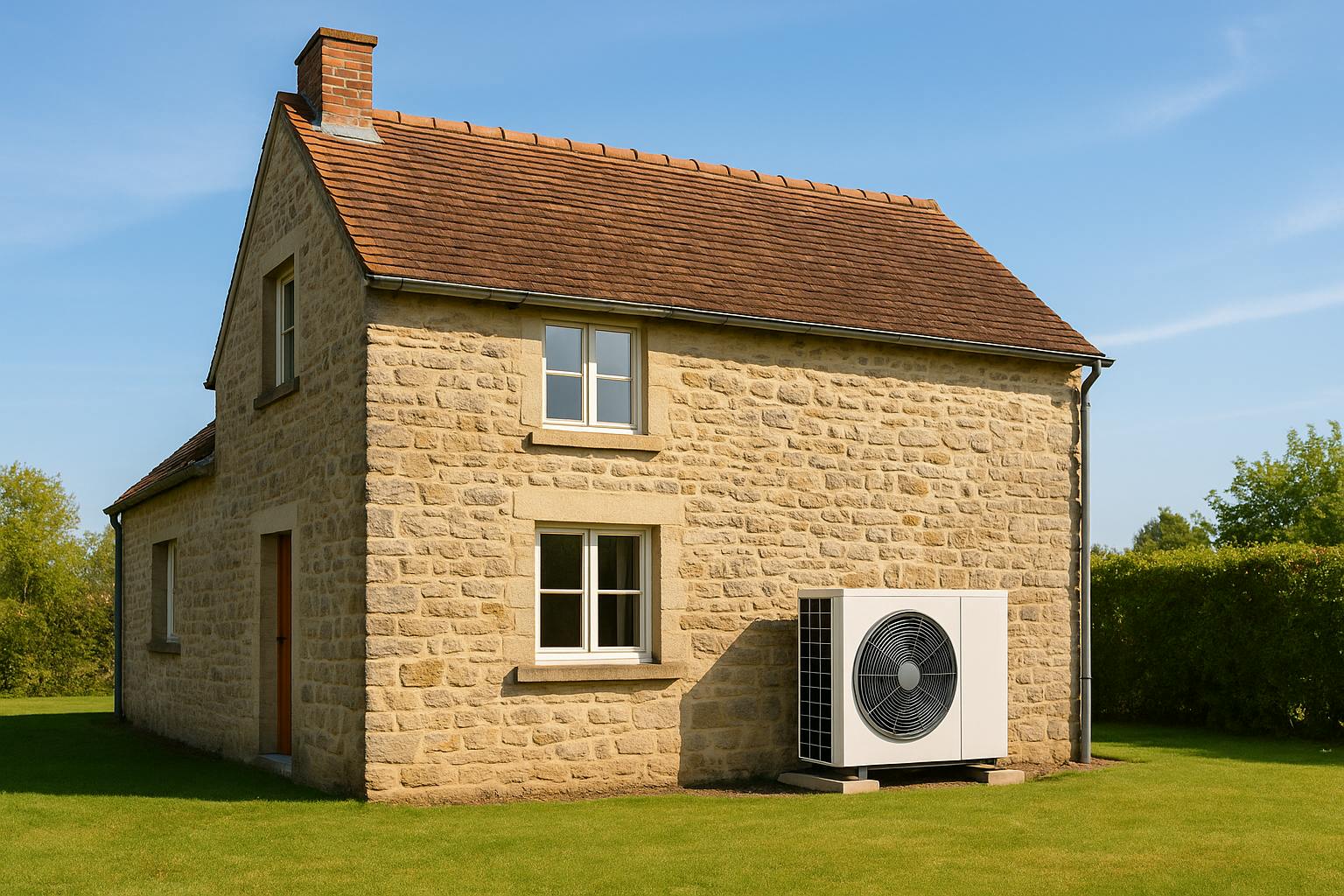 Maison ancienne rénovée avec une pompe à chaleur air/eau installée sur la façade extérieure

