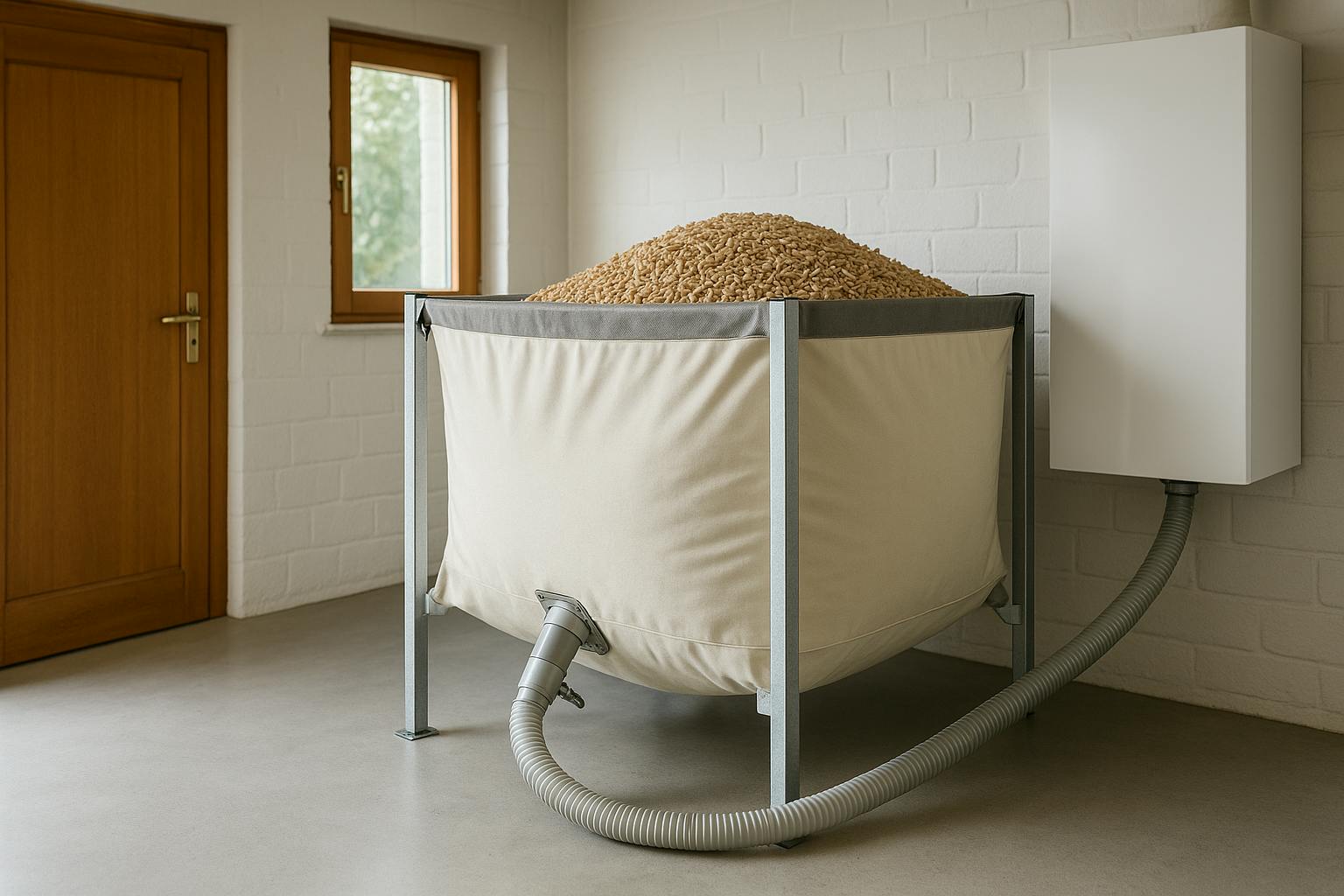 Silo textile rempli de granulés de bois installé dans un local technique pour alimenter une chaudière domestique

