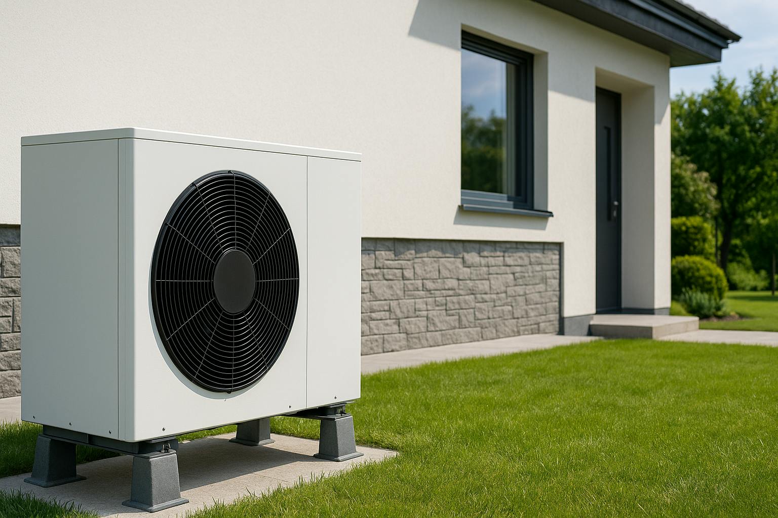 Pompe à chaleur air/eau installée sur une dalle béton à l’extérieur d’une maison moderne, illustrant le rendement et la performance énergétique en conditions réelles.