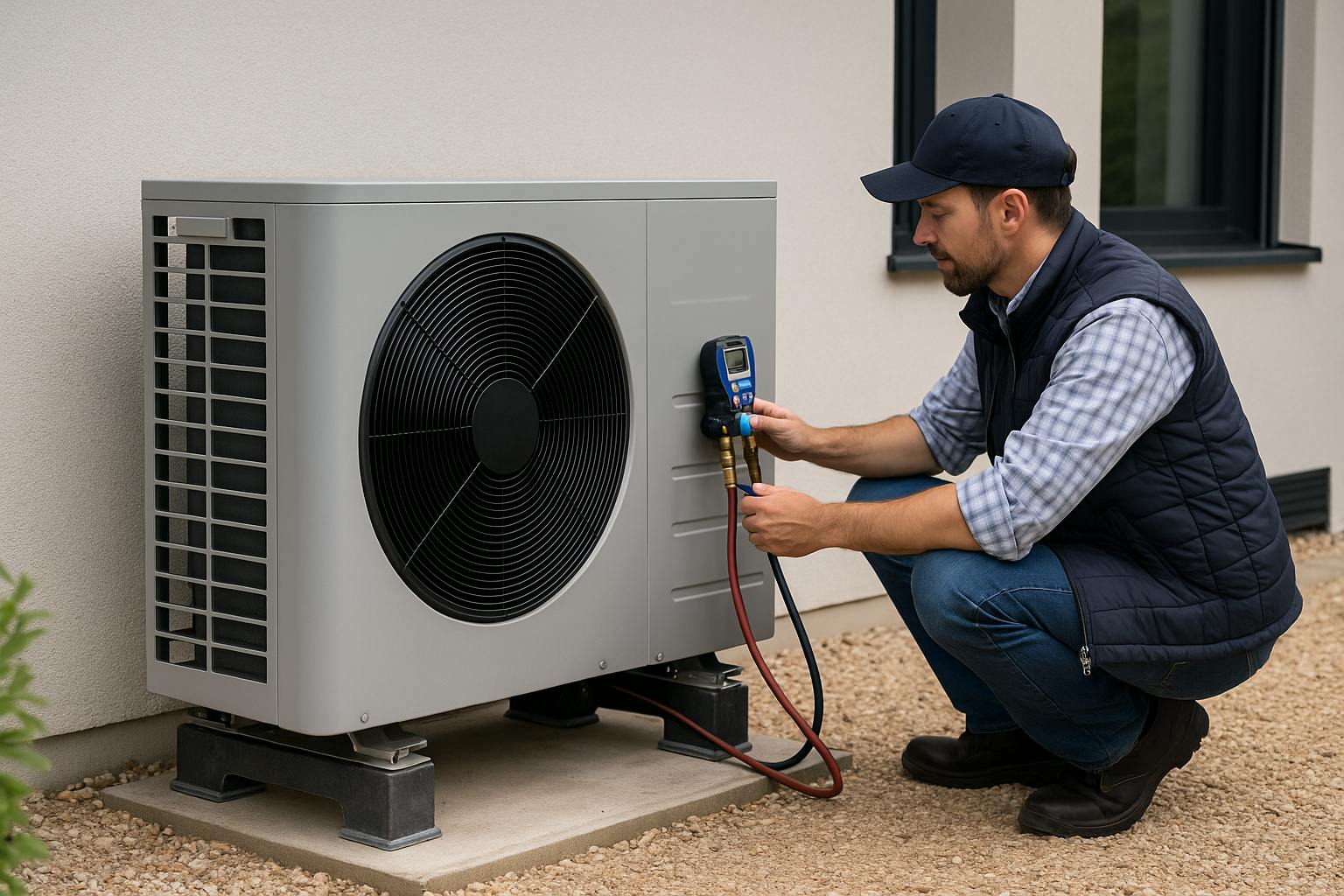 Technicien vérifiant la pression et les performances d’une pompe à chaleur air/eau installée à l’extérieur d’une maison moderne, lors d’un entretien annuel.