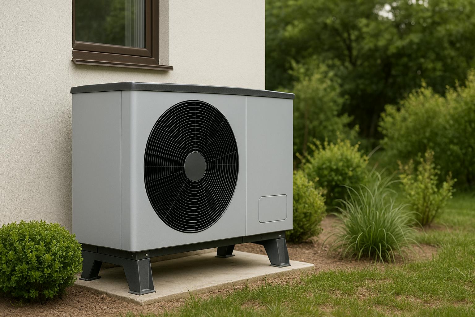 Pompe à chaleur air/eau installée sur une dalle béton à côté d’une maison moderne, entourée d’un jardin verdoyant.