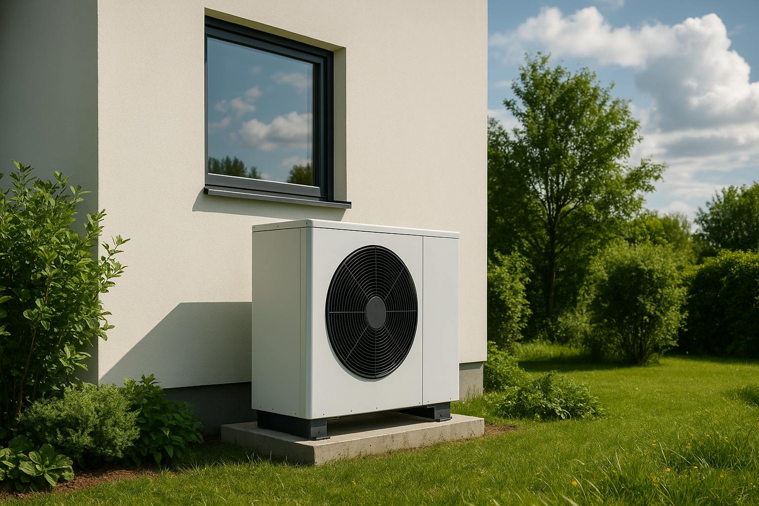Pompe à chaleur air/eau blanche installée sur une dalle béton à côté d’une maison moderne, entourée d’un jardin vert sous un ciel ensoleillé.