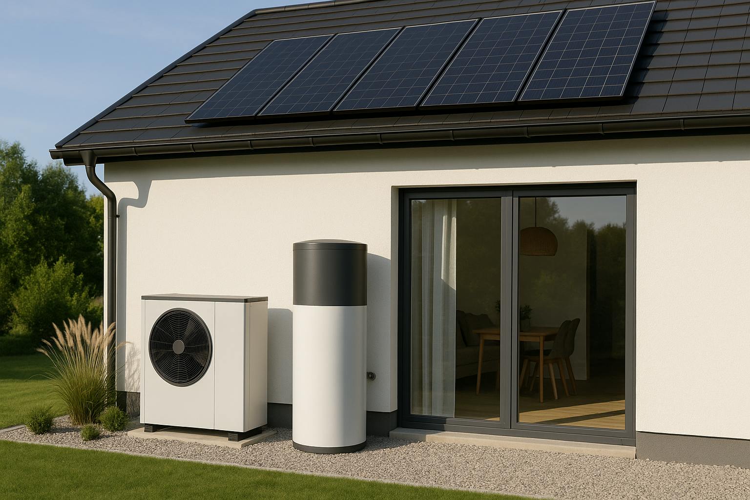 Pompe à chaleur air-eau et système solaire combiné installés sur une maison moderne

