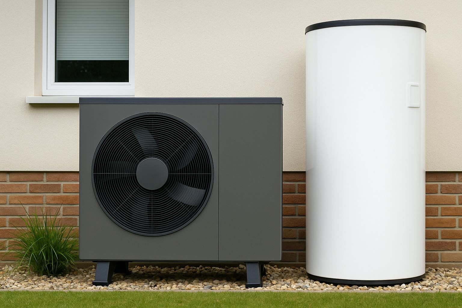 Pompe à chaleur air-eau moderne installée à l’extérieur d’une maison, avec unité extérieure grise et ballon d’eau chaude, sous un ciel clair.