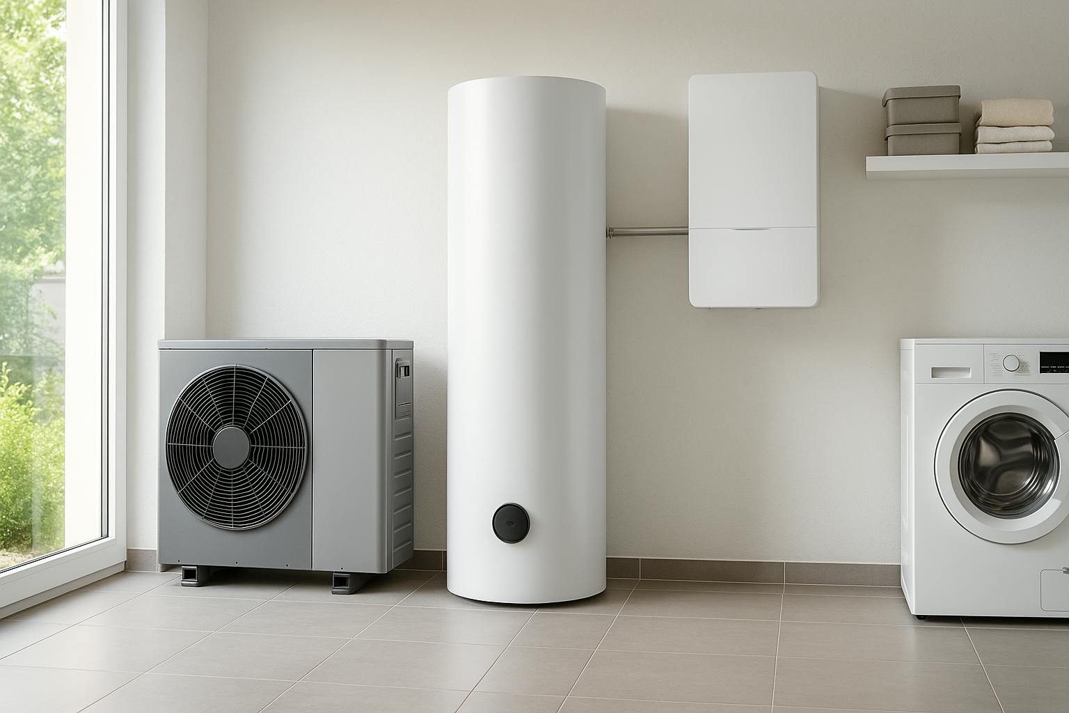 Pompe à chaleur air-eau et ballon d’eau chaude installés dans une pièce technique moderne et lumineuse, avec fenêtre donnant sur un jardin.