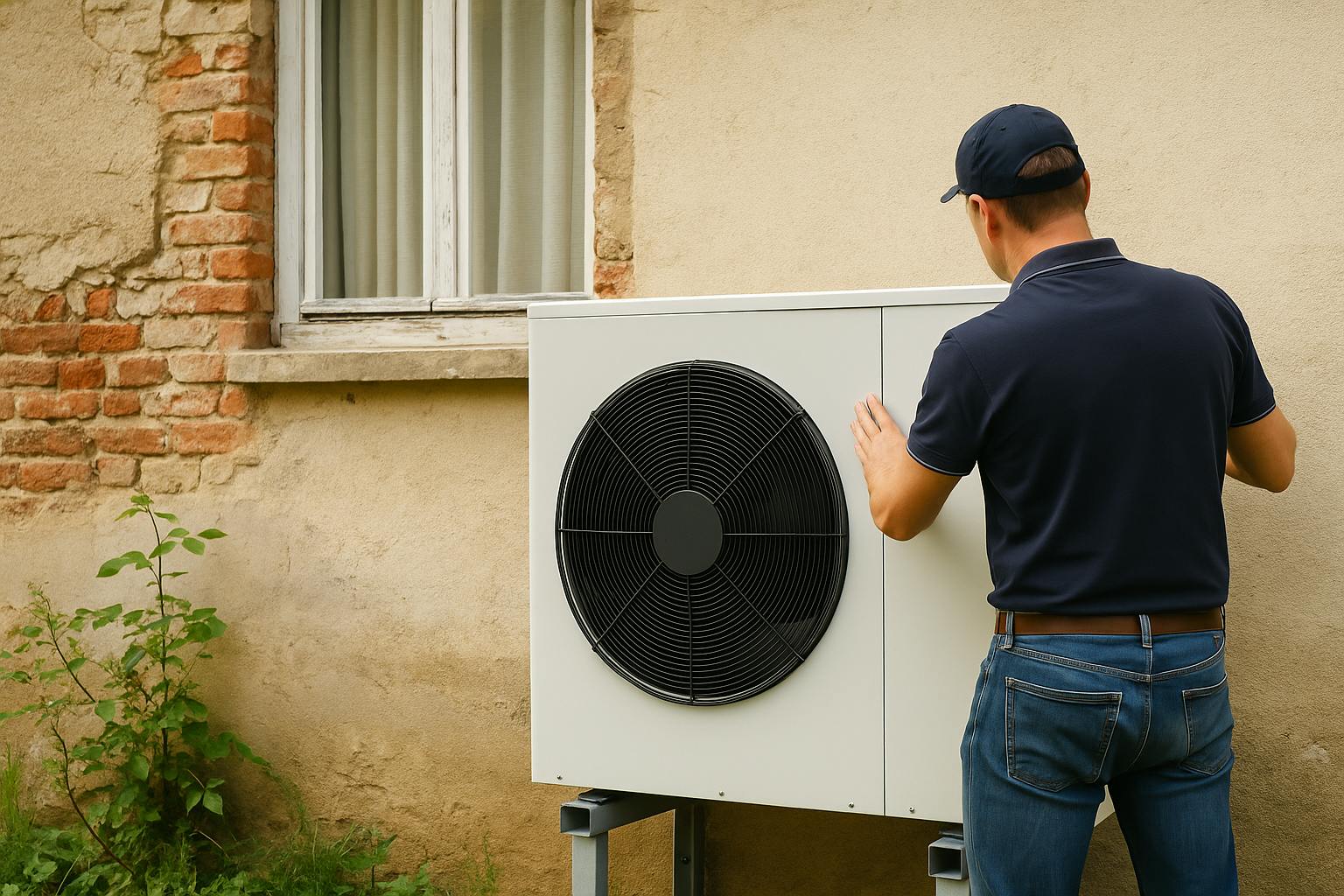 Installation d’une pompe à chaleur air-eau sur la façade d’une maison ancienne rénovée, symbole d’efficacité énergétique