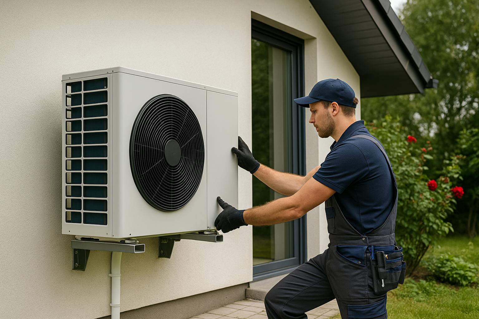 Installateur RGE posant une pompe à chaleur air-eau sur la façade d’une maison moderne, symbole de qualité et d’efficacité énergétique