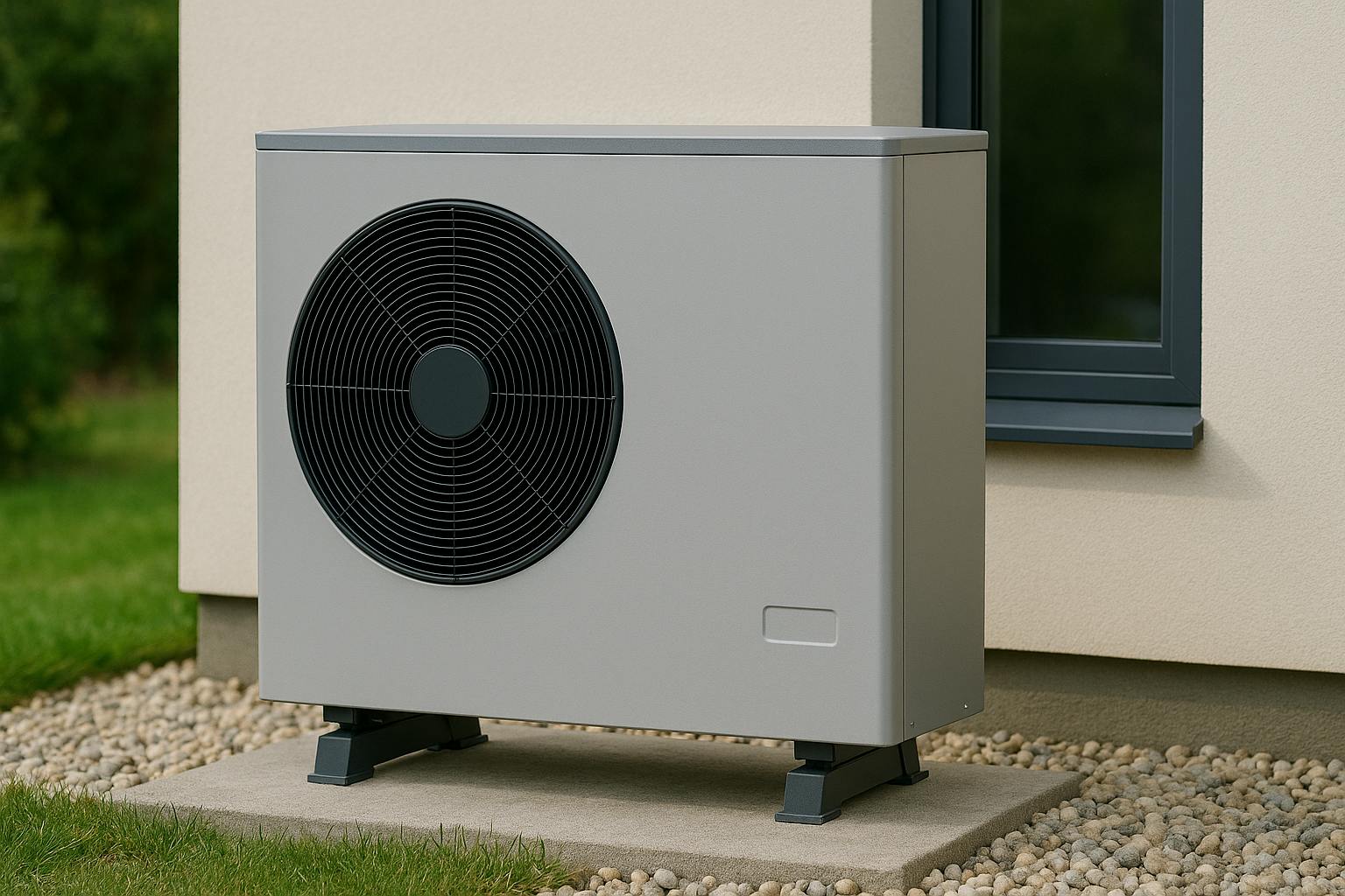 Pompe à chaleur air/eau installée sur une dalle en béton à côté d’une maison moderne, dans un jardin verdoyant, illustrant une offre promotionnelle de chauffage économe en énergie.