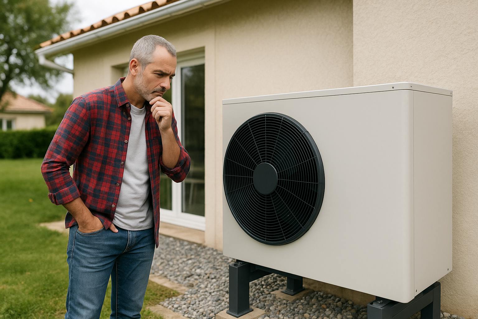 Homme observant une pompe à chaleur air-eau installée à l’extérieur de sa maison