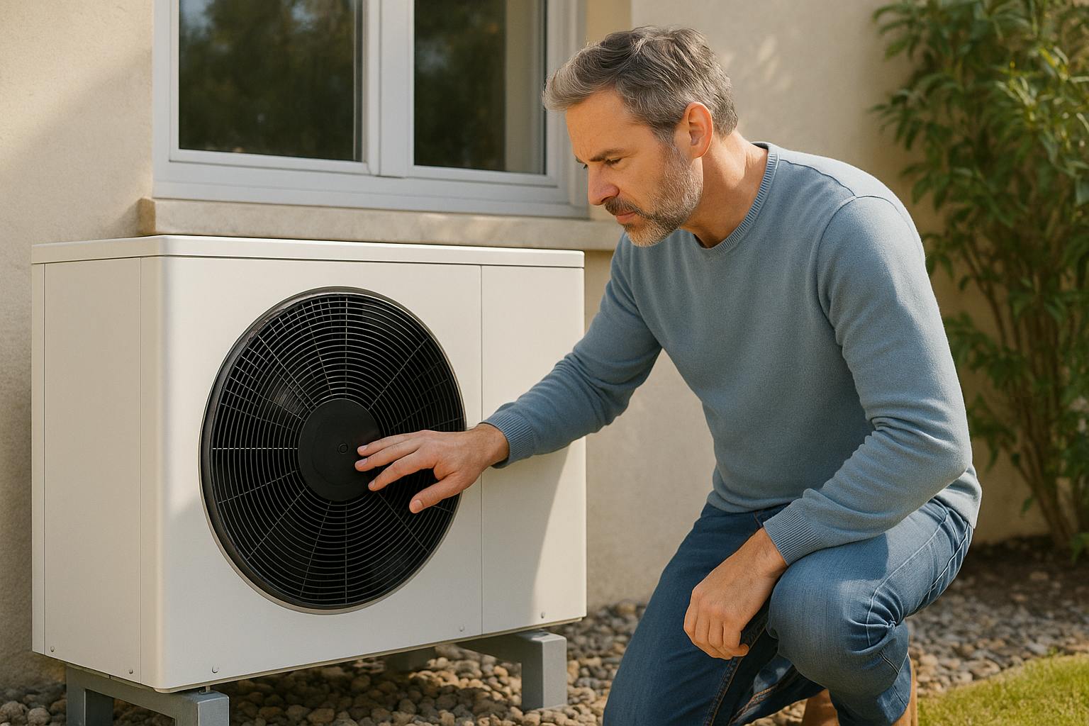 Homme inspectant une pompe à chaleur air-eau installée à l’extérieur de sa maison