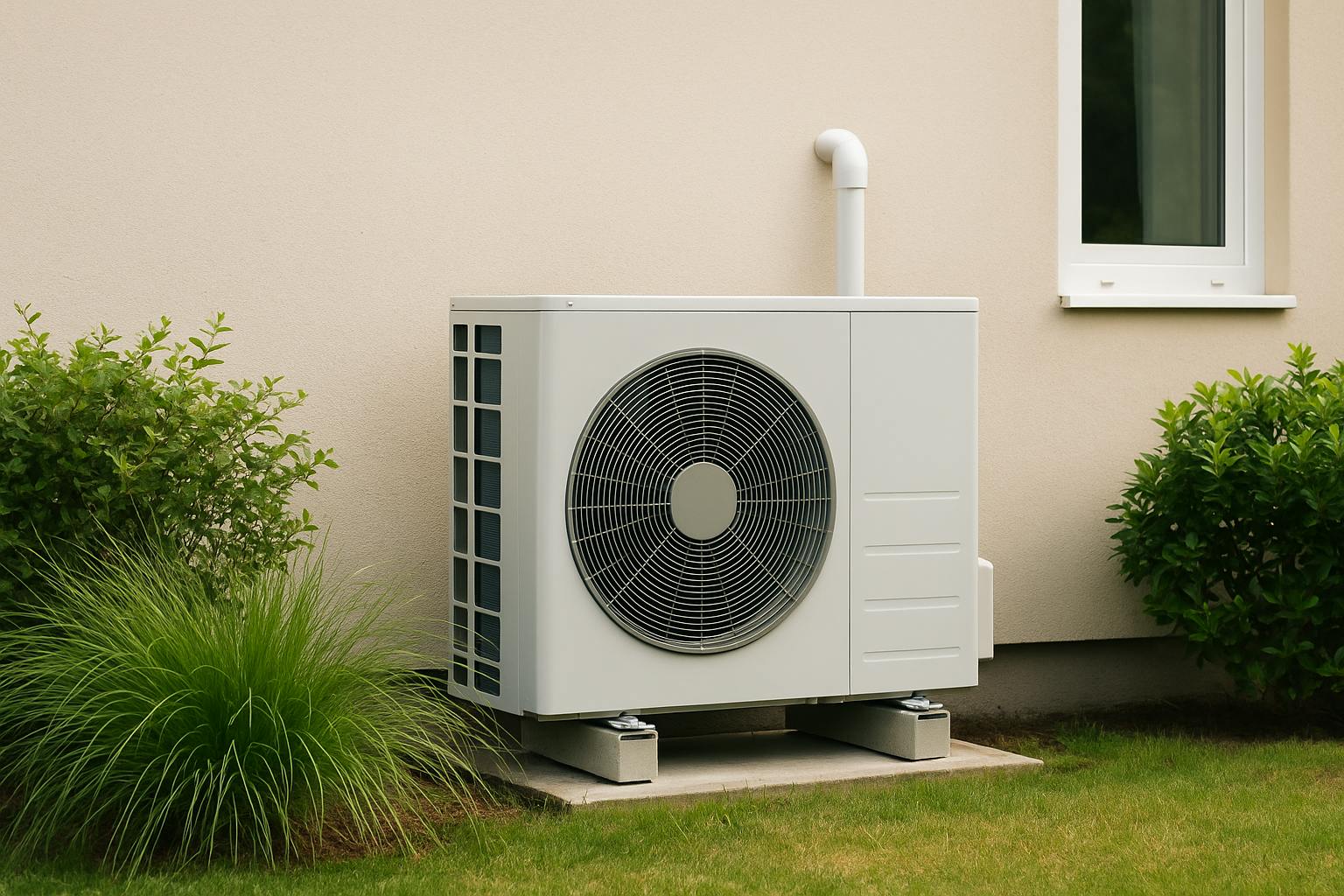 Pompe à chaleur air-eau installée à l’extérieur d’une maison moderne, illustrant son faible impact carbone et son efficacité énergétique.