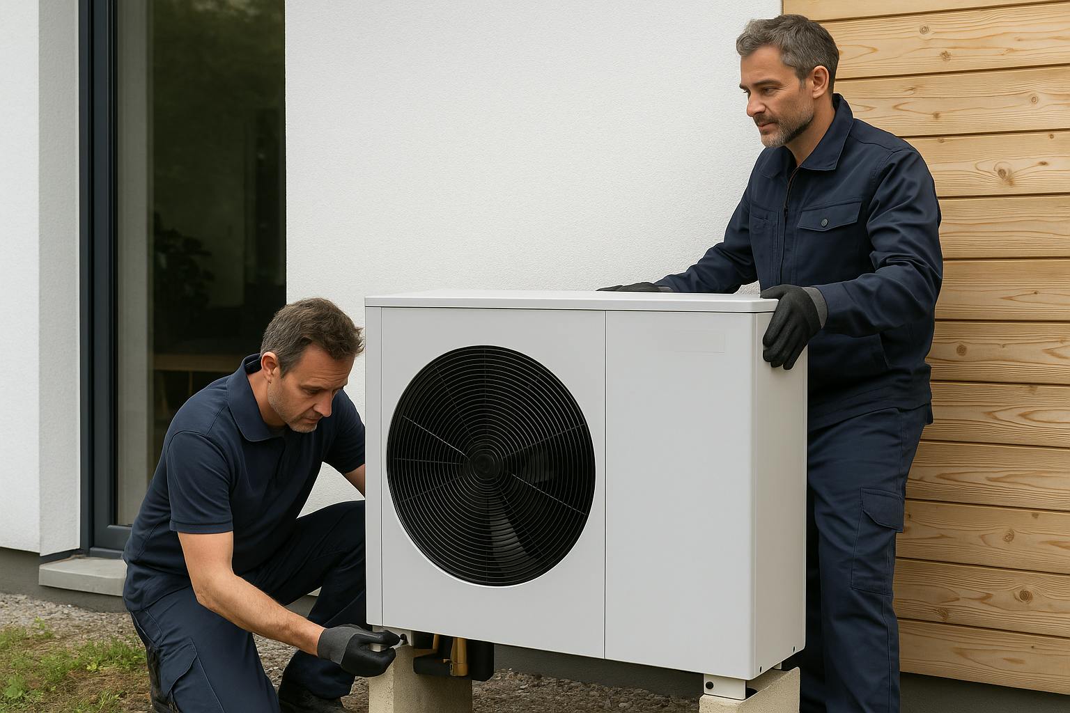 Deux techniciens posent une pompe à chaleur air-eau devant une maison moderne, illustrant le savoir-faire et l’accompagnement humain de Carrefour Énergies.