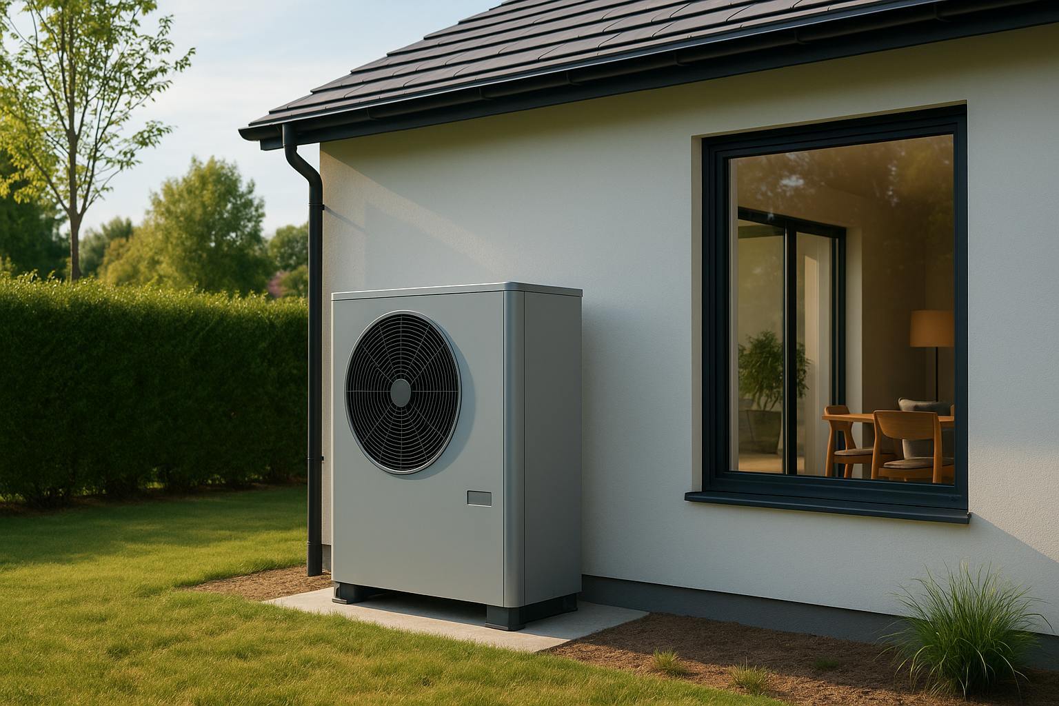 Pompe à chaleur air/eau installée devant une maison contemporaine très bien isolée, symbolisant la performance énergétique et le confort durable.