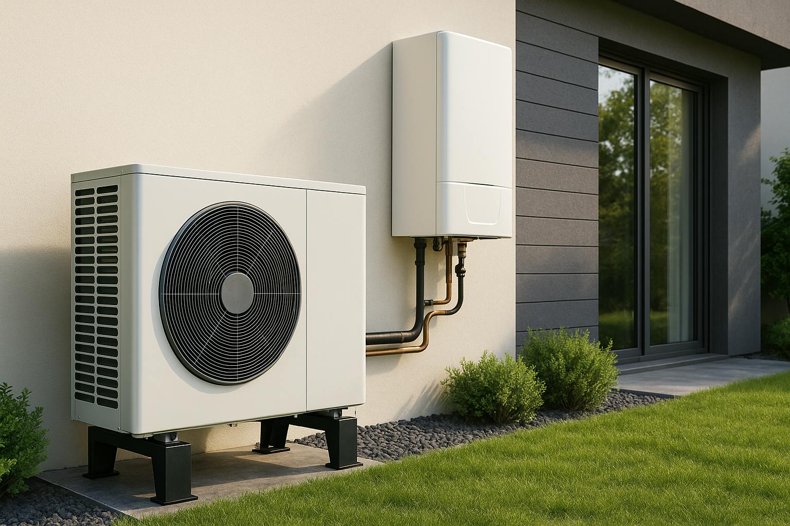 Pompe à chaleur hybride moderne installée à l’extérieur d’une maison contemporaine, combinant pompe à chaleur et chaudière gaz pour un chauffage durable et économique.