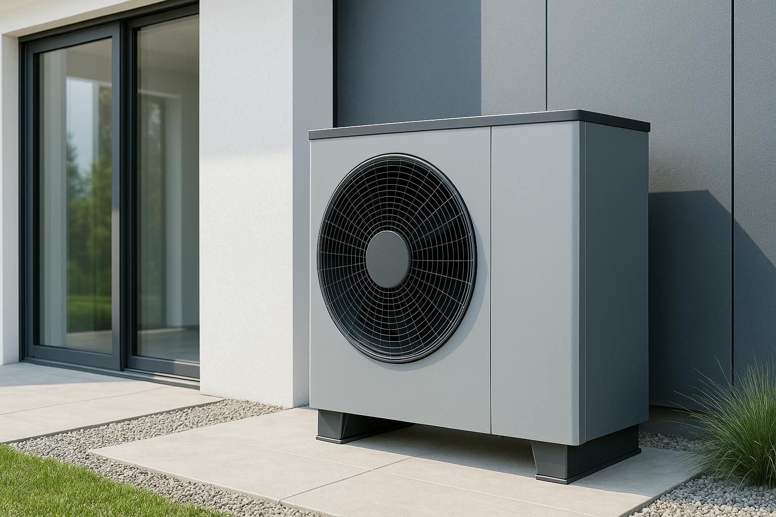 Pompe à chaleur air/eau moderne installée devant une maison contemporaine, symbolisant la durabilité et l’économie circulaire dans le chauffage résidentiel.