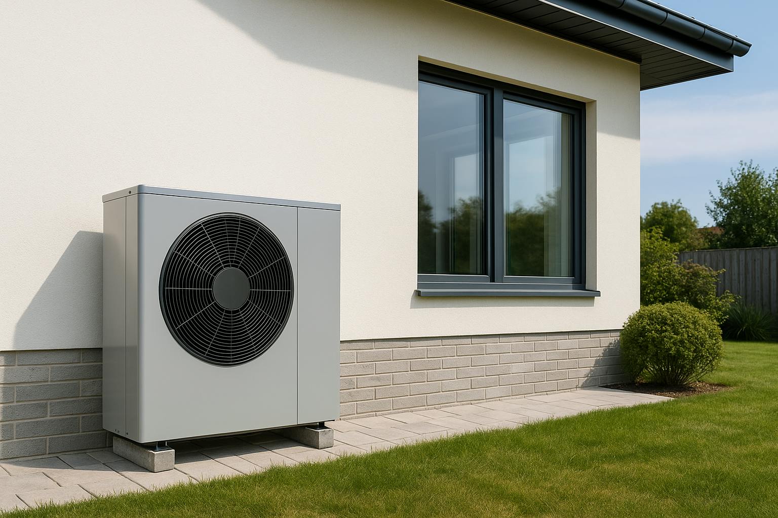 Pompe à chaleur air/eau moderne installée devant une maison contemporaine, illustrant le confort d’été, le rafraîchissement et l’adaptation climatique.