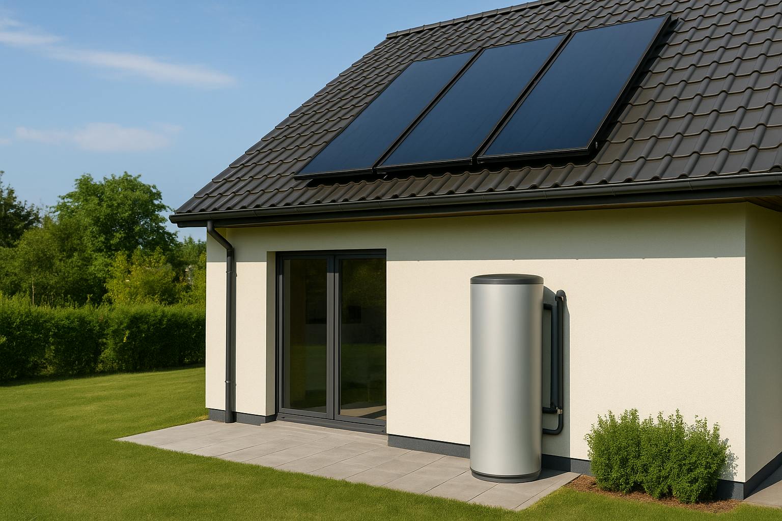 Ballon solaire installé sur une maison moderne avec capteurs solaires thermiques en toiture, illustrant la production d’eau chaude grâce à l’énergie du soleil.