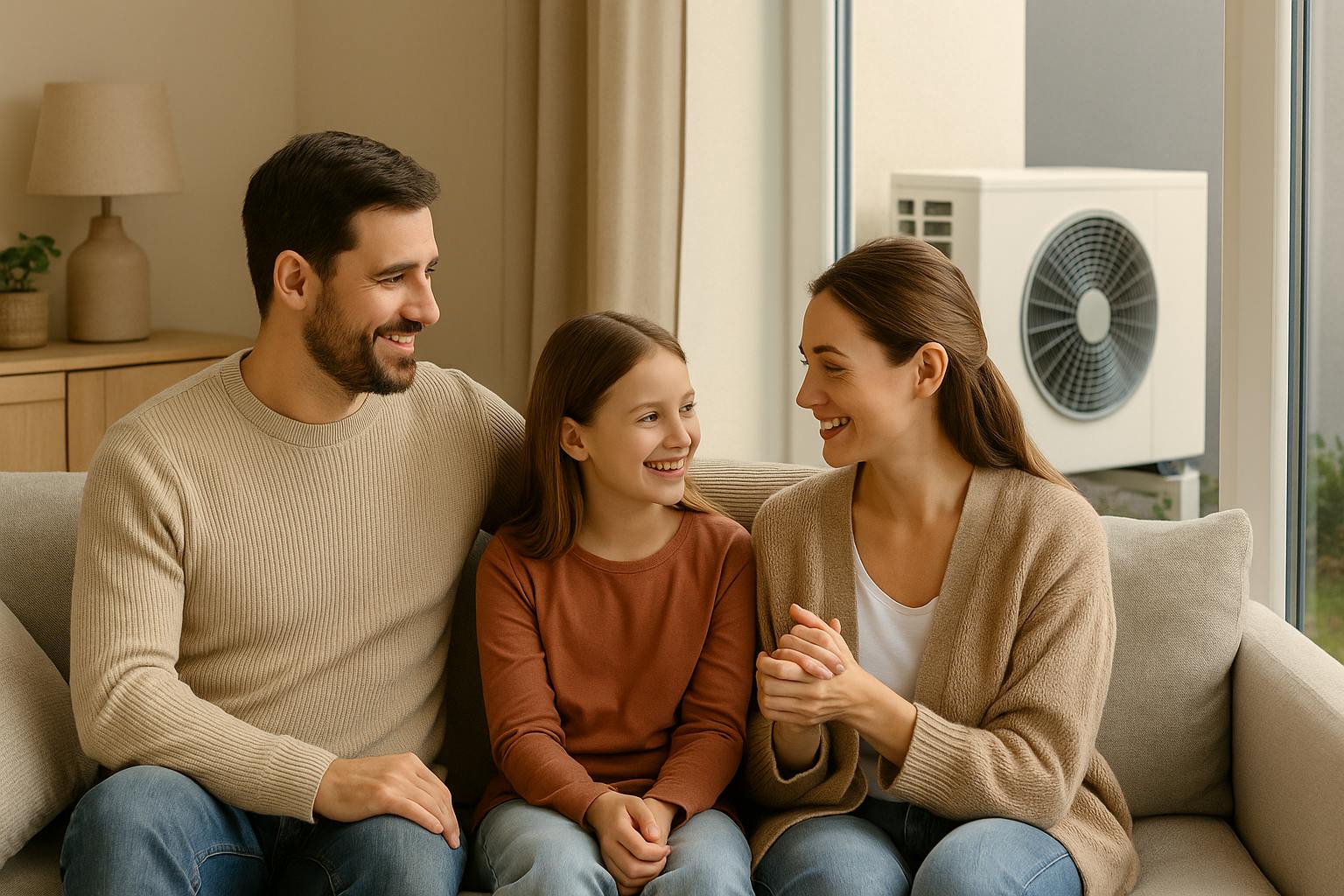 Famille profitant d’un confort thermique responsable dans son salon grâce à une pompe à chaleur air-eau installée par Carrefour Énergies.

