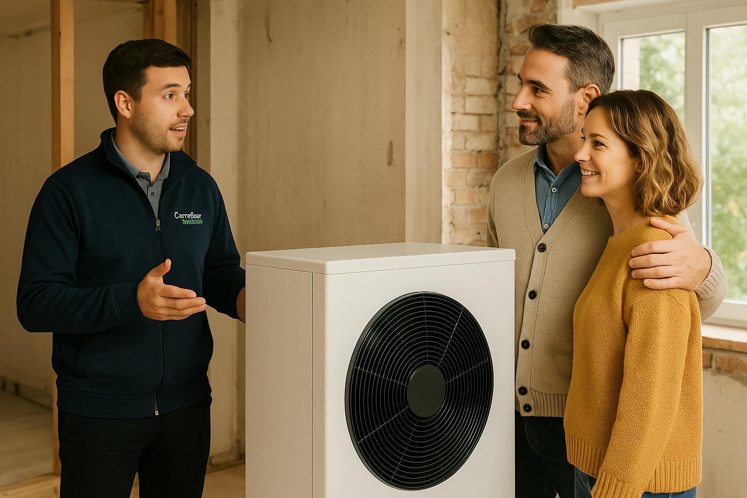 Technicien Carrefour Énergies présentant une pompe à chaleur air-eau à un couple dans leur maison en rénovation énergétique.

