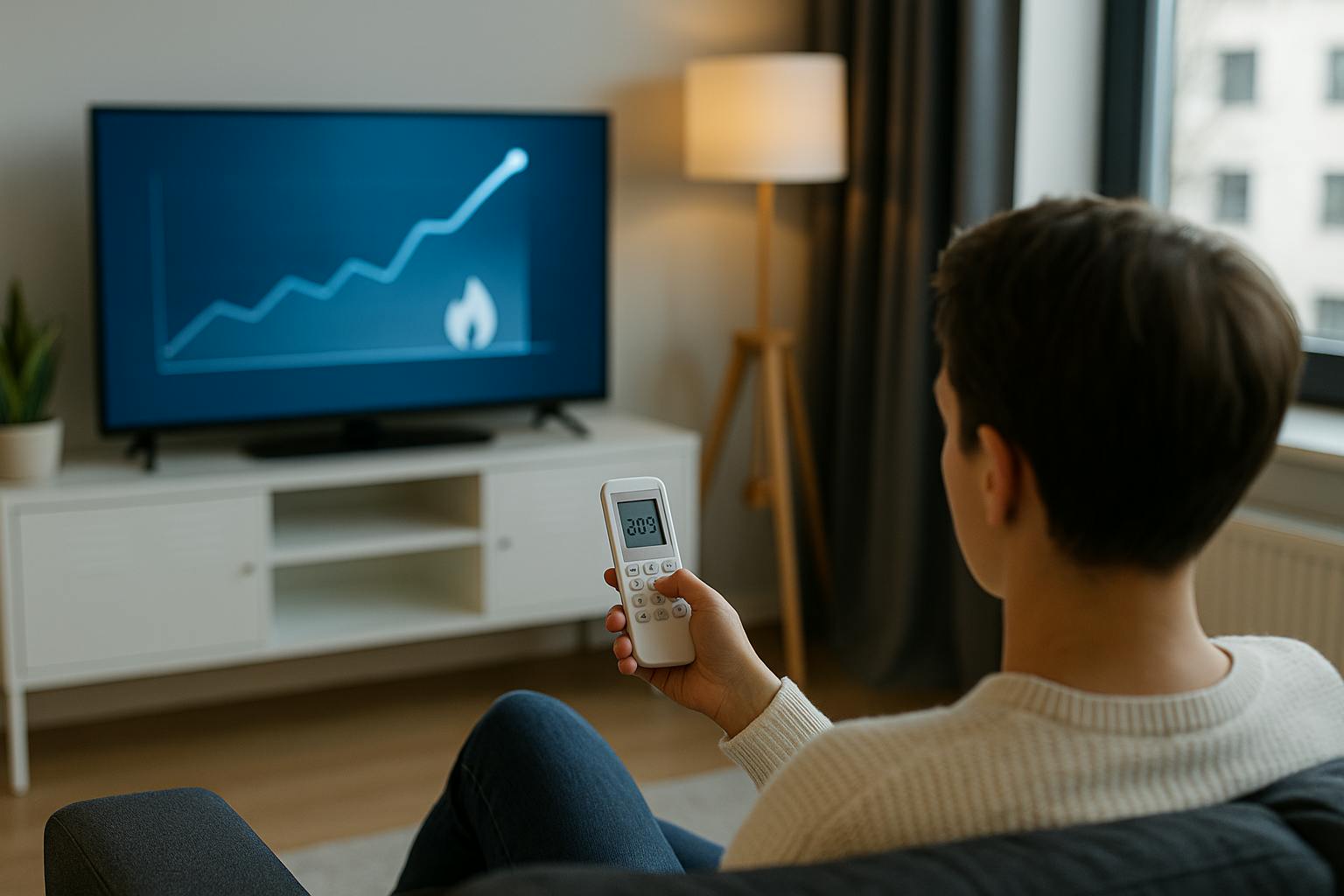 Personne ajustant le chauffage via une télécommande dans un salon moderne et lumineux, symbole des nouvelles habitudes de chauffage en 2025