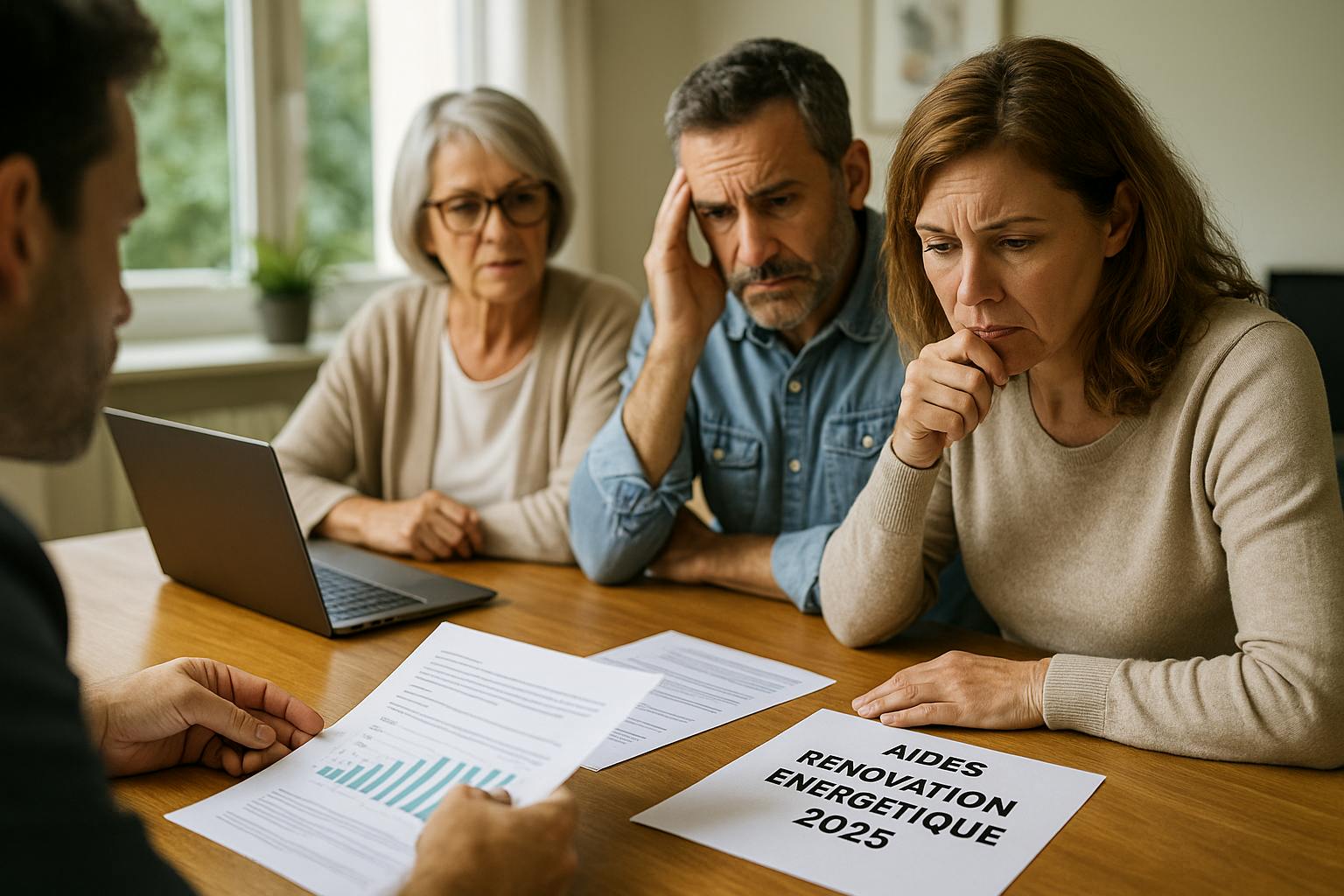 Groupe de personnes examinant des documents pour une demande d’aides à la rénovation énergétique dans un bureau lumineux