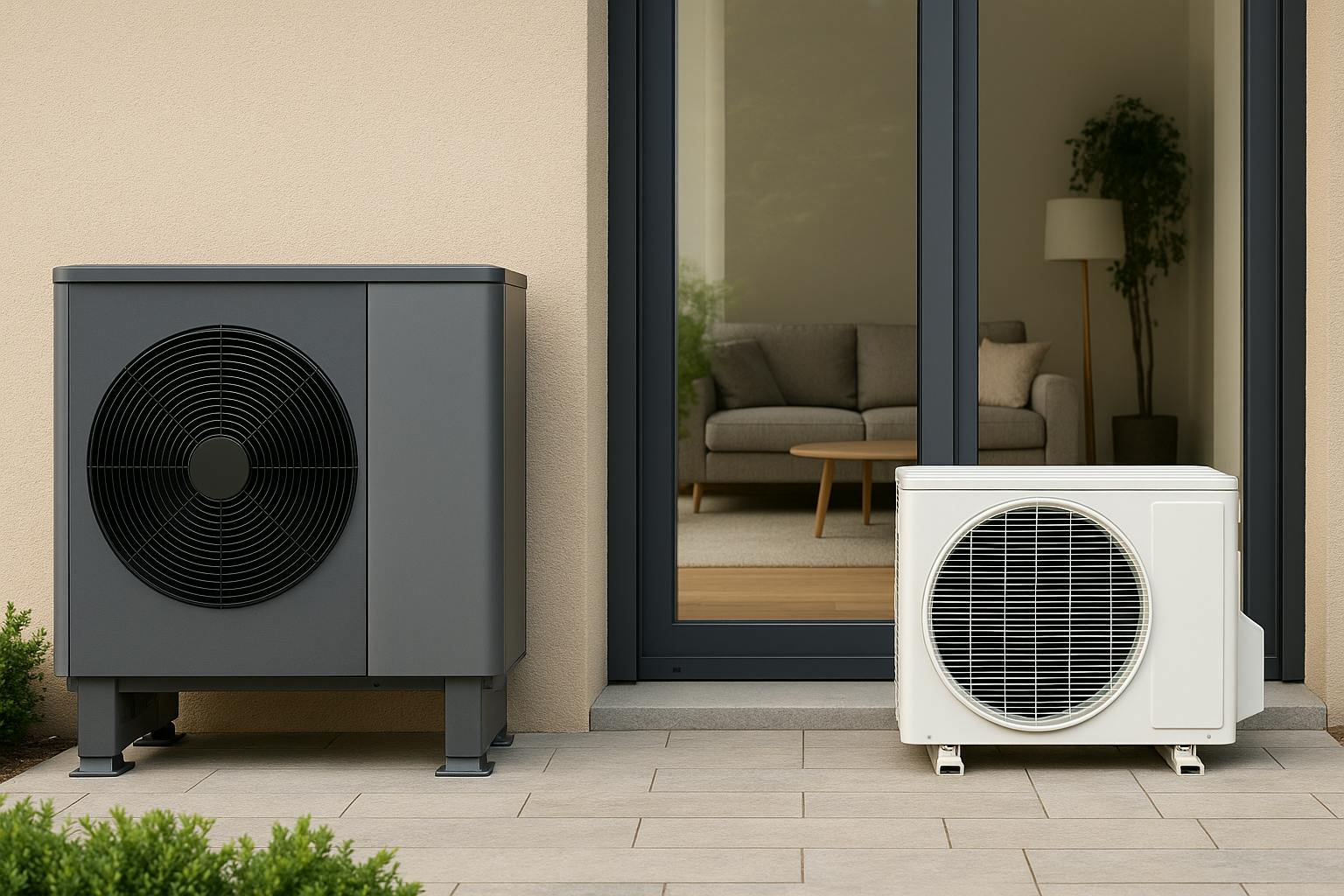 Pompe à chaleur air-eau installée à l’extérieur d’une maison moderne, face à une unité de climatisation intérieure, symbolisant le choix entre confort global et fraîcheur instantanée