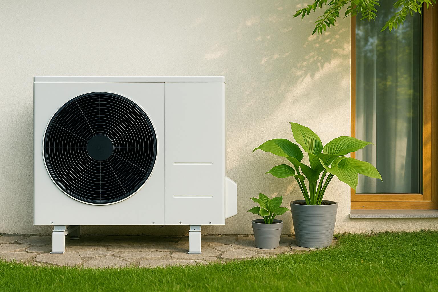 Pompe à chaleur air-eau installée à l’extérieur d’une maison moderne en été, illustrant le confort et la fraîcheur naturelle du mode rafraîchissement